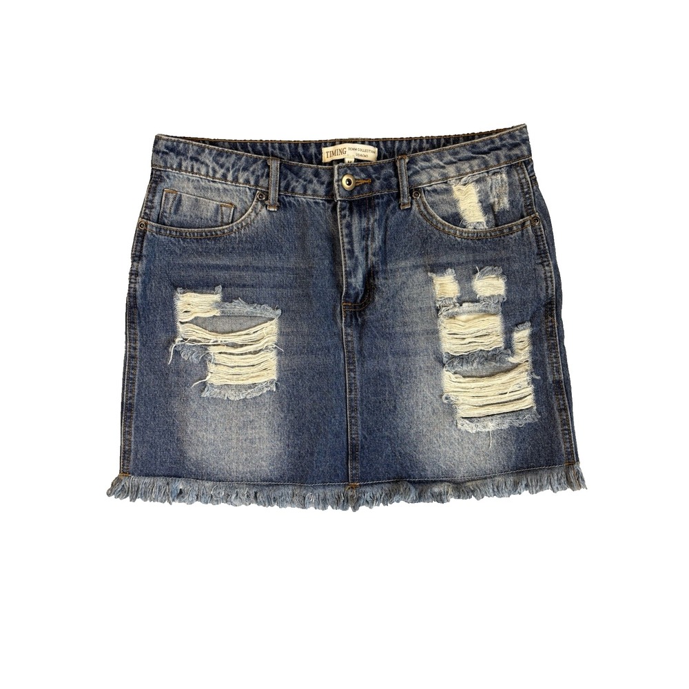 Timing Distressed Denim Mini Skirt Ripped Jean Med Y2K Grunge Indie Sleaze